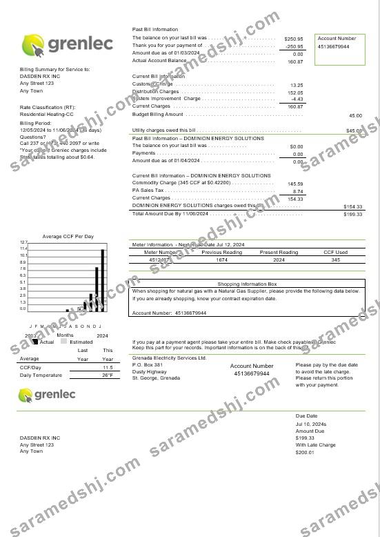 Grenada Electricity Services business utility bill Word and PDF template